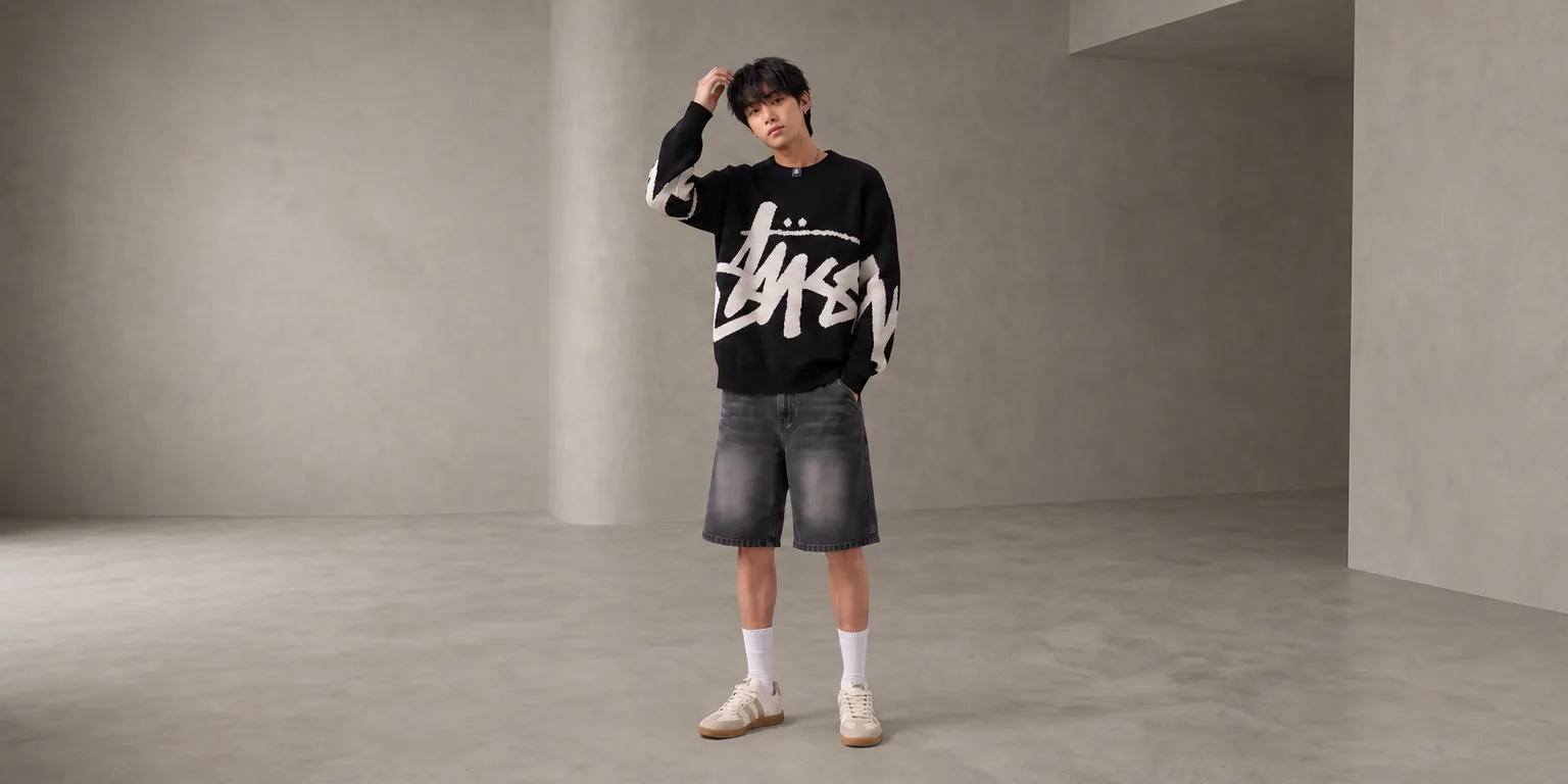 Model wearing Crewneck Script Chenille